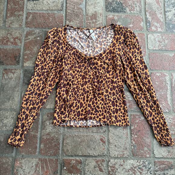MNG Mango Leopard Animal Print Blouse Size M Brown Long Sleeve Bow/Tie Neck - Picture 2 of 4